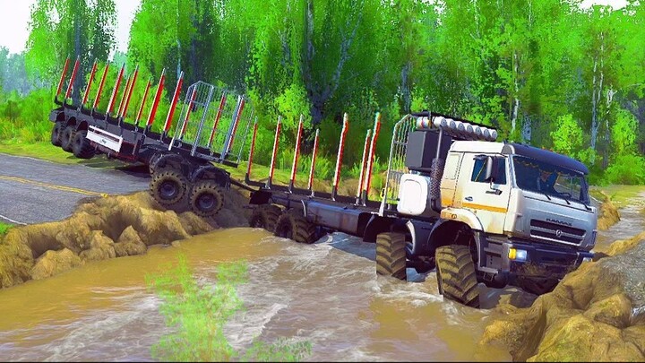Most DANGEROUS Log Truck River Crossing, Truck Battles Deep Water!