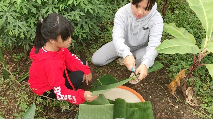 Fresh Japanese papaya leafs in my homeland and grilling chicken for lunch