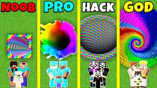 Minecraft Battle: NOOB vs PRO vs HACKER vs GOD: RAINBOW TUNNEL PIT HOUSE BUILD CHALLENGE / Animation