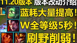 11.20版本更新介绍：诺手W全等级5秒!辅助阿木木大砍!刀妹被动削弱,人马,乌迪尔大加强!岩雀,皇子刷野效率削弱！