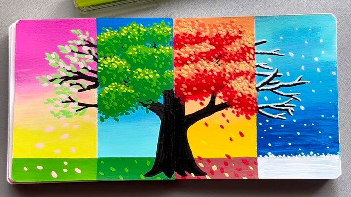 Vẽ tay bằng bút lông acrylic | Vòng tuần hoàn bốn mùa của một cây, hướng dẫn thân thiện cho người mớ