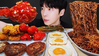 ASMR MUKBANG| 직접 만든 짜파게티 양념치킨 파김치 먹방 & 레시피 FRIED CHICKEN AND BLACK BEAN NOODLES EATING