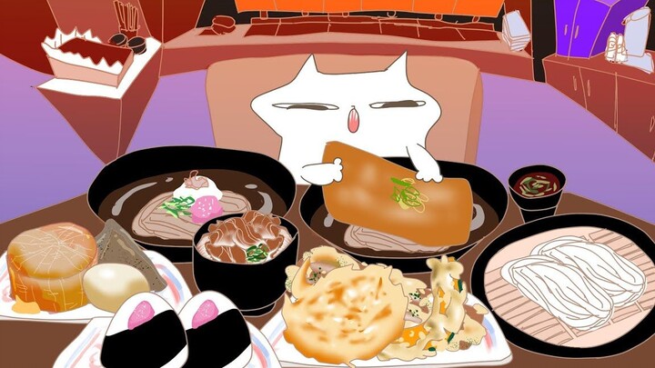 Bữa tiệc udon Nhật Bản của một chú mèo con đáng yêu, đang húp một bát lớn [Hoạt hình ẩm thực]
