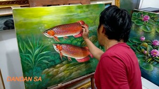 LUKISAN - MELUKIS IKAN ARWANA MERAH / Red Arowana Fish Painting By DANDAN SA - Pelukis Cianjur
