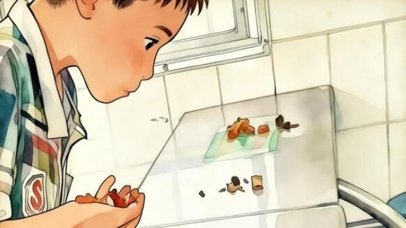 A child eats the leftover bones while serving the main meal to his mother—The 25th Act of Filial Pie