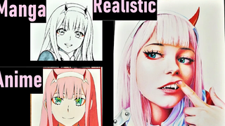 การวาดภาพ - Zero Two in 3 Styles มังงะ อนิเมะและสมจริง