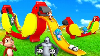 Funny Animals Enjoy Parrot Slider Toy in Forest | Wild Animals  Activity New Comedy 3D Videos