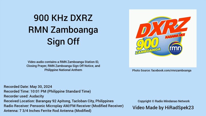 900 KHz DXRZ RMN Zamboanga Sign Off