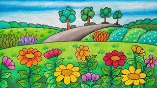 Menggambar taman bunga || Cara menggambar pemandangan taman bunga || Belajar menggambar bunga