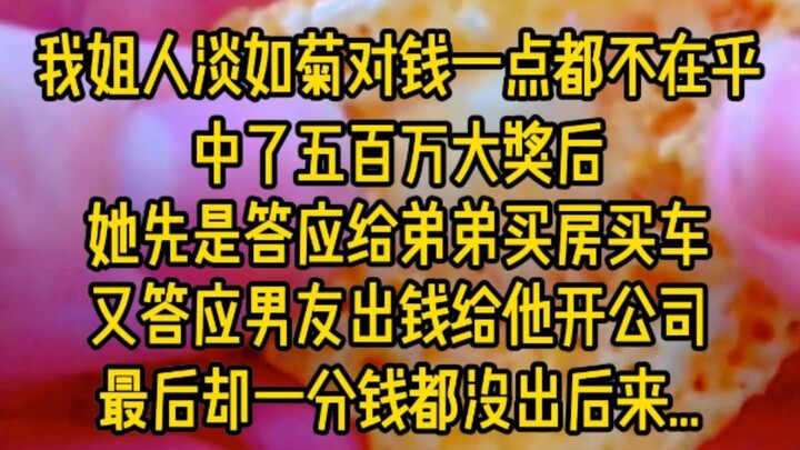 我姐人淡如菊对钱一点都不在乎,中了五百万大奖后她先是答应给弟弟买房买车，又答应男友出钱给他开公司，最后却一分钱都没出后来...