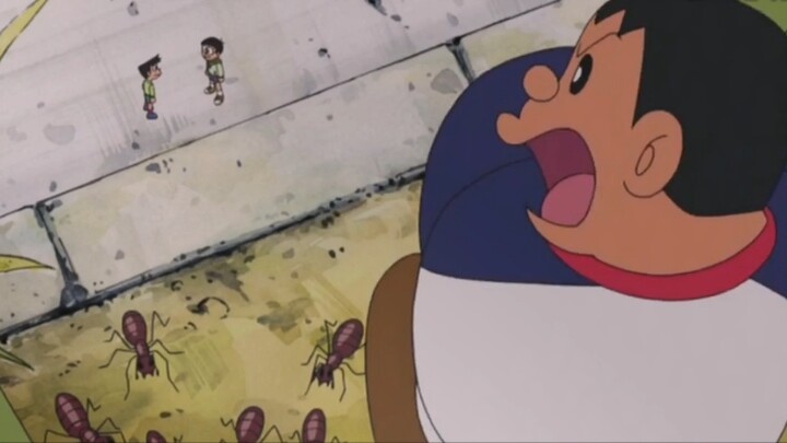 In order to drive a toy car, Nobita and his friends made themselves smaller.