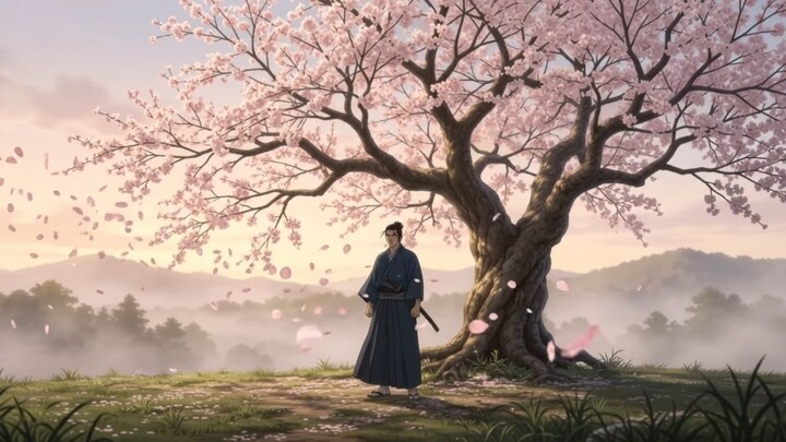 Samurai duel under cherry blossoms