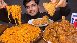 EATING SPICY MUTTON CURRY WITH BASMATI RICE WITH CRISPY FRIED CHICKEN AND NOODLES | EATING SHOW