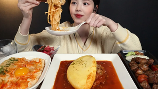 SUB) ! Omelet Spicy Cream Pasta and chop Steak Mukbang Asmr