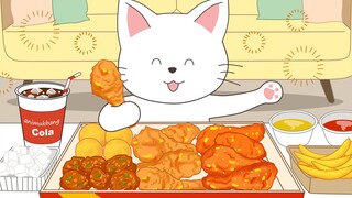 Kitty's first fried chicken eating show, please take care of me! [animukbang animation]