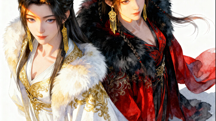 “Ling Yuling & Yuan Yao” — Snow-white silk robes, crimson flame-black fur mantle