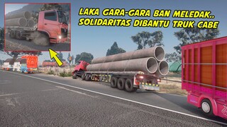 TRUK HINO TRAILER LAKA GARA GARA BAN MELEDAK, DIBANTU SUPIR TRUK CABE