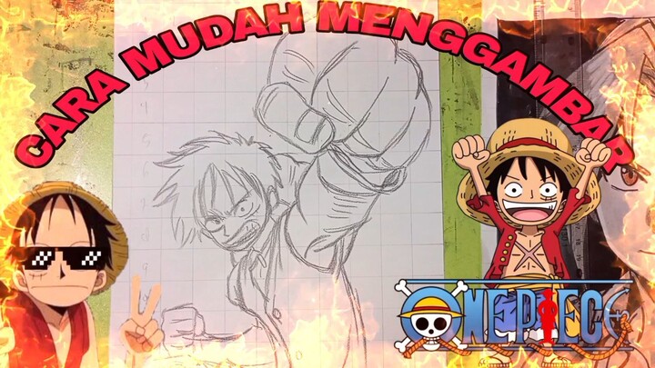 cara mudah menggambar anime one piece, Luffy
