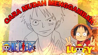 cara mudah menggambar anime one piece, Luffy