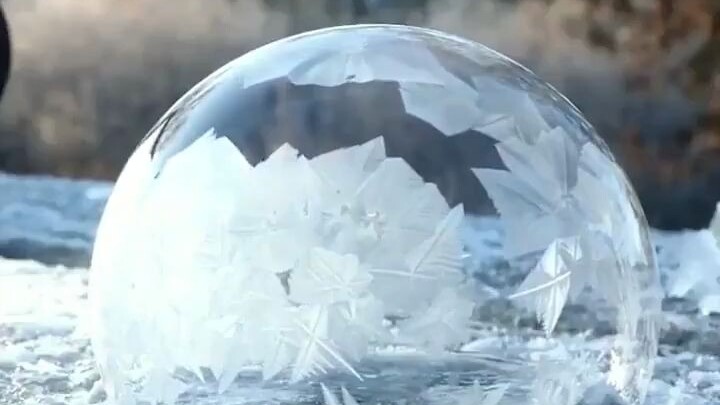Blowing a bubble in the icy, snowy landscape—the slow freezing process is nature’s art.