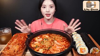 Mukbang với tôm tiến vua ở Buldak Jjamppong mới! Spam kimbap trứng và kimbap nguyên con #amthuc