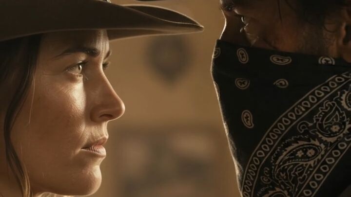 Cowgirl Confronts Masked Outlaw in the Bank  Wild West