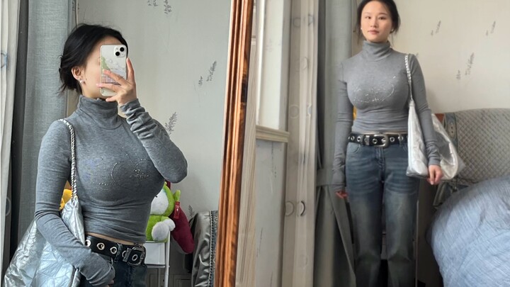 158丨110 A slightly plus-size girl goes bold! A tight T-shirt paired with low-rise pants is just too 