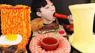 ASMR MUKBANG 버섯 열라면 & 떡볶이 & 치즈 통스팸 & 스테이크 FIRE Noodle & STEAK & CHEESE SPAM EATING SOUND!