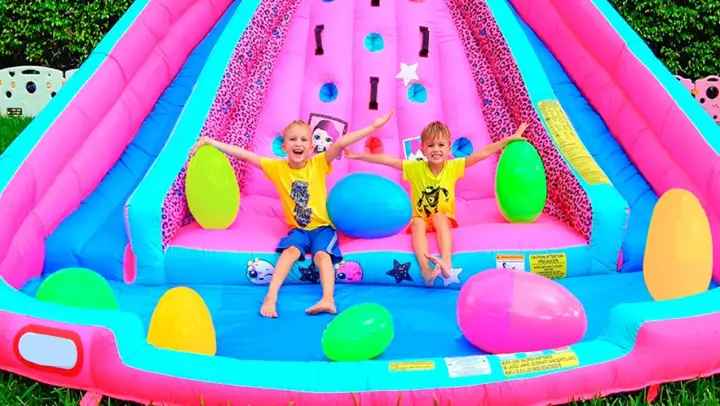 Huge Eggs Surprise Toys Challenge with Inflatable slide for Vlad and Nikita