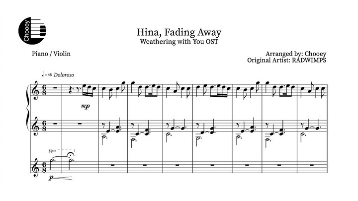 "Hina, Fading Away" - Weathering with You OST (Piano / Violin Sheet Music)