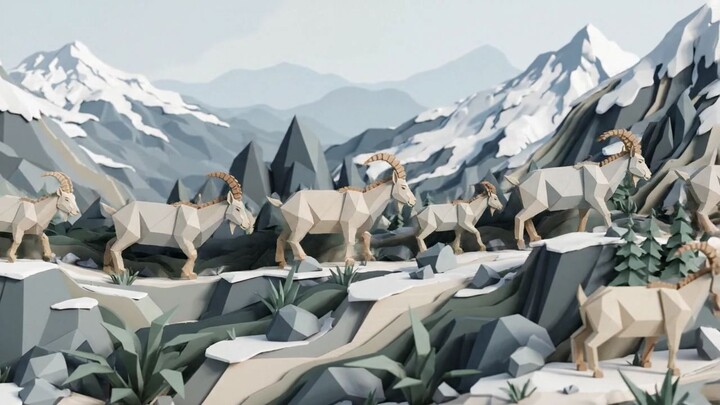 Mountain goats climbing rocky trail with steep cliffs and green vegetation