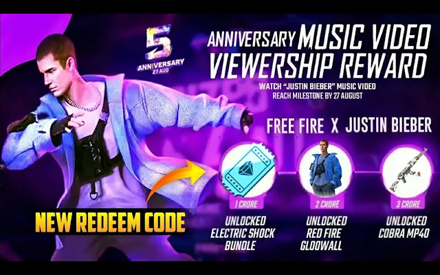 ฉลองครบรอบ 5 ปีรหัสแลกใน Free Fire รหัสแลกมิวสิกวิดีโอใหม่