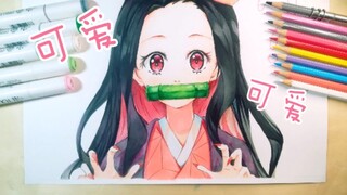【鬼灭之刃】祢豆子：怎么可爱的我，不进来看看?快点领回去～     马克笔彩铅手绘