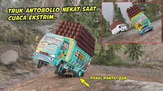 TRUK ANTOBOLLO NEKAT LEWAT JALUR EKSTRIM SAAT CUACA HUJAN