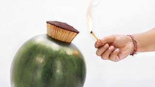 Watermelon Filled with Matchsticks = Watermelon Rocket!