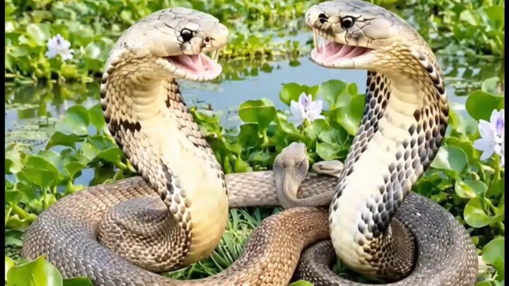 Shocking AI Video: Poisonous Cobras Playing in the Swamp | 惊人AI视频：水塘中的眼镜蛇