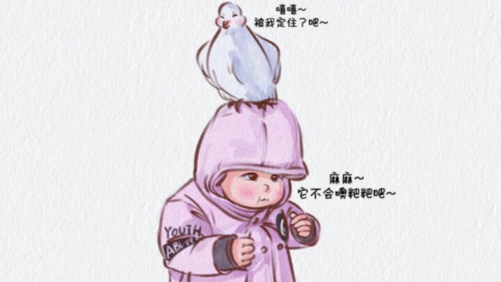 Frozen by the pigeon, the little kid didn't dare to move a muscle, clutching their tiny hands tightl