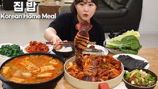 한상 가득 채운 집밥 먹방🥘 청국장찌개, 오징어 제육볶음, 명란젓, 고등어구이, 시금치무침, 무생채 | Korean Home Meal MUKBANG