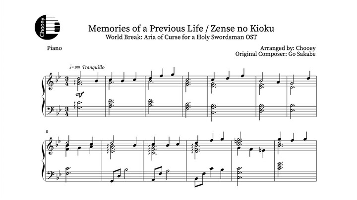 "Memories of a Previous Life / Zense no Kioku" (Piano Sheet Music)