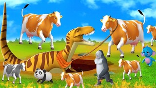 Giant Cow to Rescue Dinosaur 🦕 | Dinosaur Attack Gorilla 🦍 and Monkey 🐒 | Funny Animals Adventure