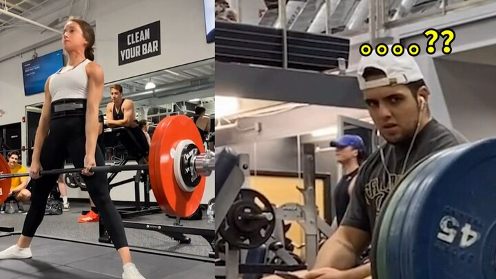 Hilarious! A female weightlifter from abroad is training at the gym, and all the guys nearby are sta