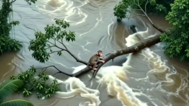 🐒🌊 Flood Survival! Will This Little Monkey Survive? 😱🐊