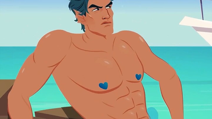 นางเงือกนอนอยู่บนชายหาดและมีขวดหล่นใส่หัวเธอ