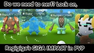 3 shiny Regis and the mighty super PVP move lock on, Giga Impact of Regigigas.