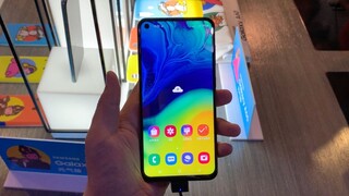 Close-up look at the Samsung A60 Vitality Edition with a hole-punch screen and triple cameras for 14