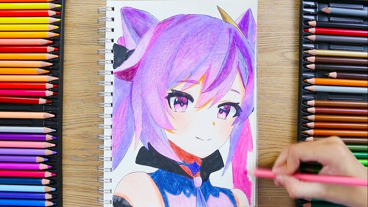 Drawing Keqing Genshin Impact Anime Character | Color Light Purple Eyes | Painting 3D