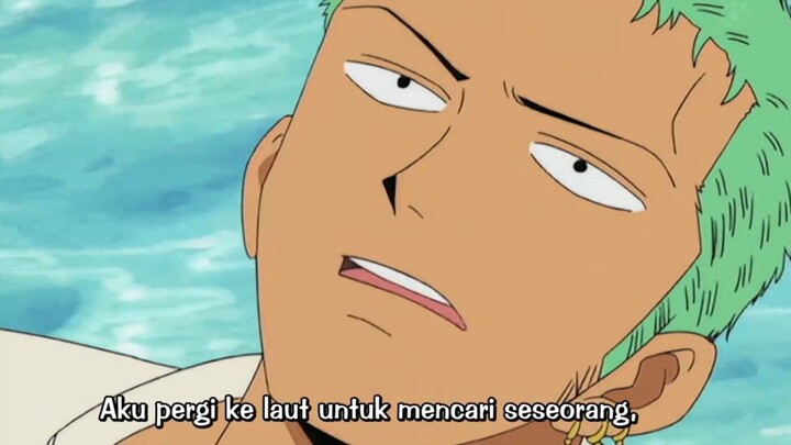 Nggambar ekspresi Zoro saat menjelaskan tujuannya pergi ke laut pada Luffy