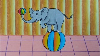 Menggambar gajah atraksi || Menggambar gajah bermain || Cara menggambar dan mewarnai gajah