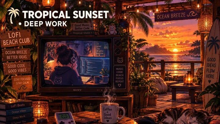 Tropical Beach Sunset Focus Music for Deep Work | Cozy Ocean Breeze LoFi Beats to Boost Productivity