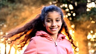 A girl in a pink jacket twirls in slow motion, leaves swirling